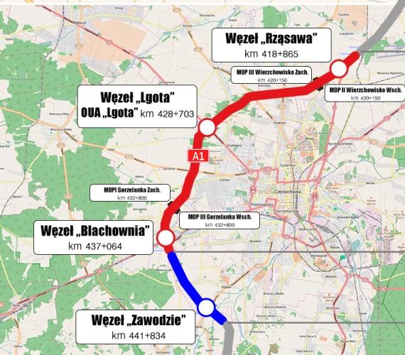Zaznaczony na czerwono odcinek F autostrady A1. Z archiwum www.a1-rzasawa-blachownia.pl