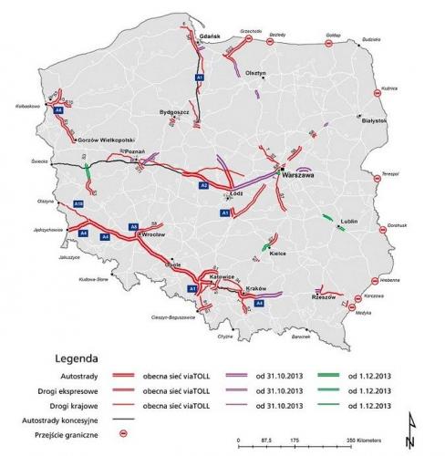 Odcinki dróg szybkiego ruchu objęte systemem viaTOLL.  Rys. z archiwum GDDKiA
